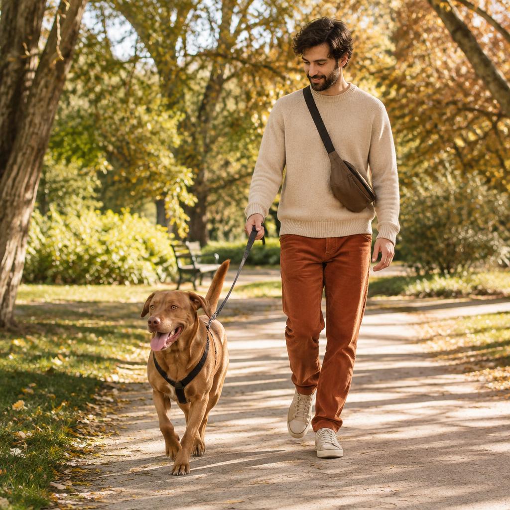Hombre paseando a su perro en el parque